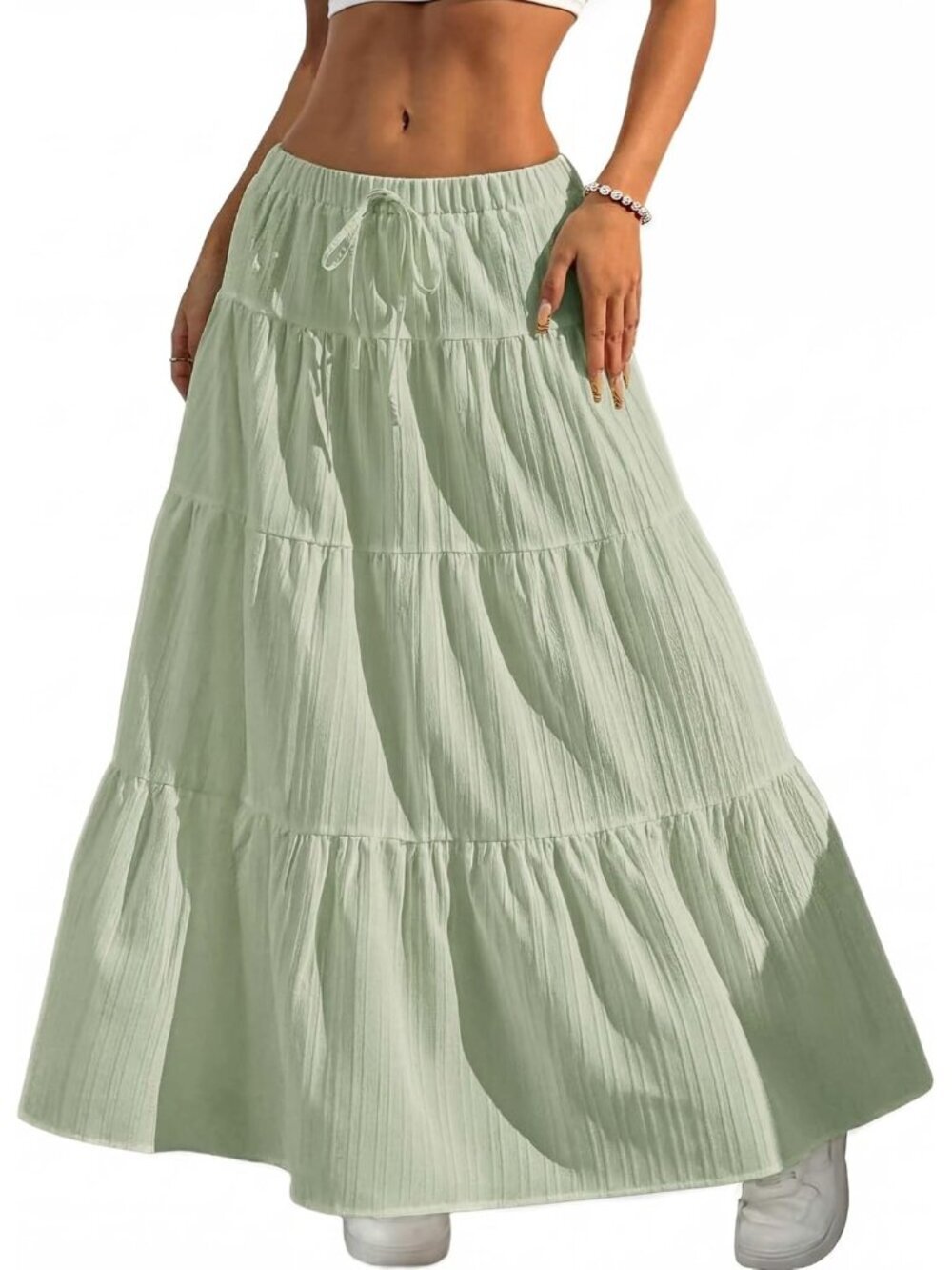 Women's Boho Flowy Light Green Maxi Skirt Flared Ruffle A Line Spring Long Skirt